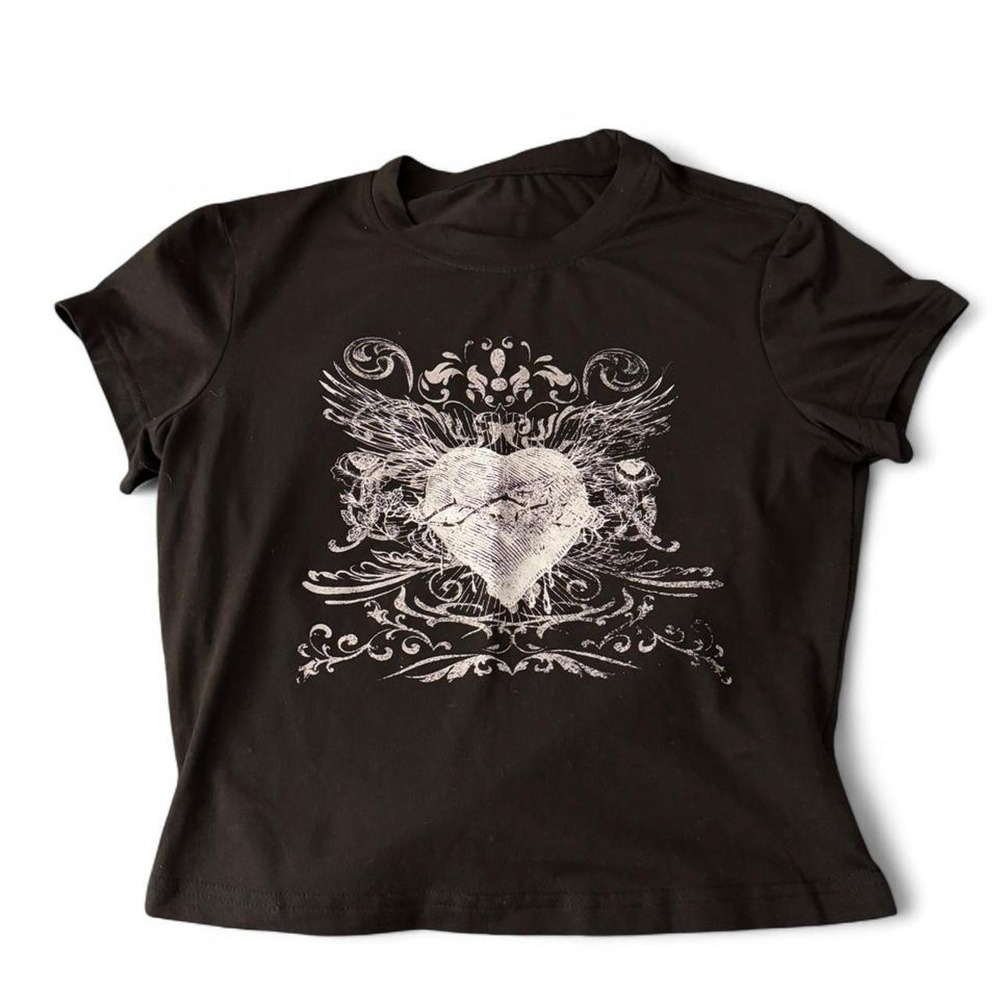 Black Winged Heart Graphic Baby Tee Gothic Y2K Grunge Short Sleeve Top M